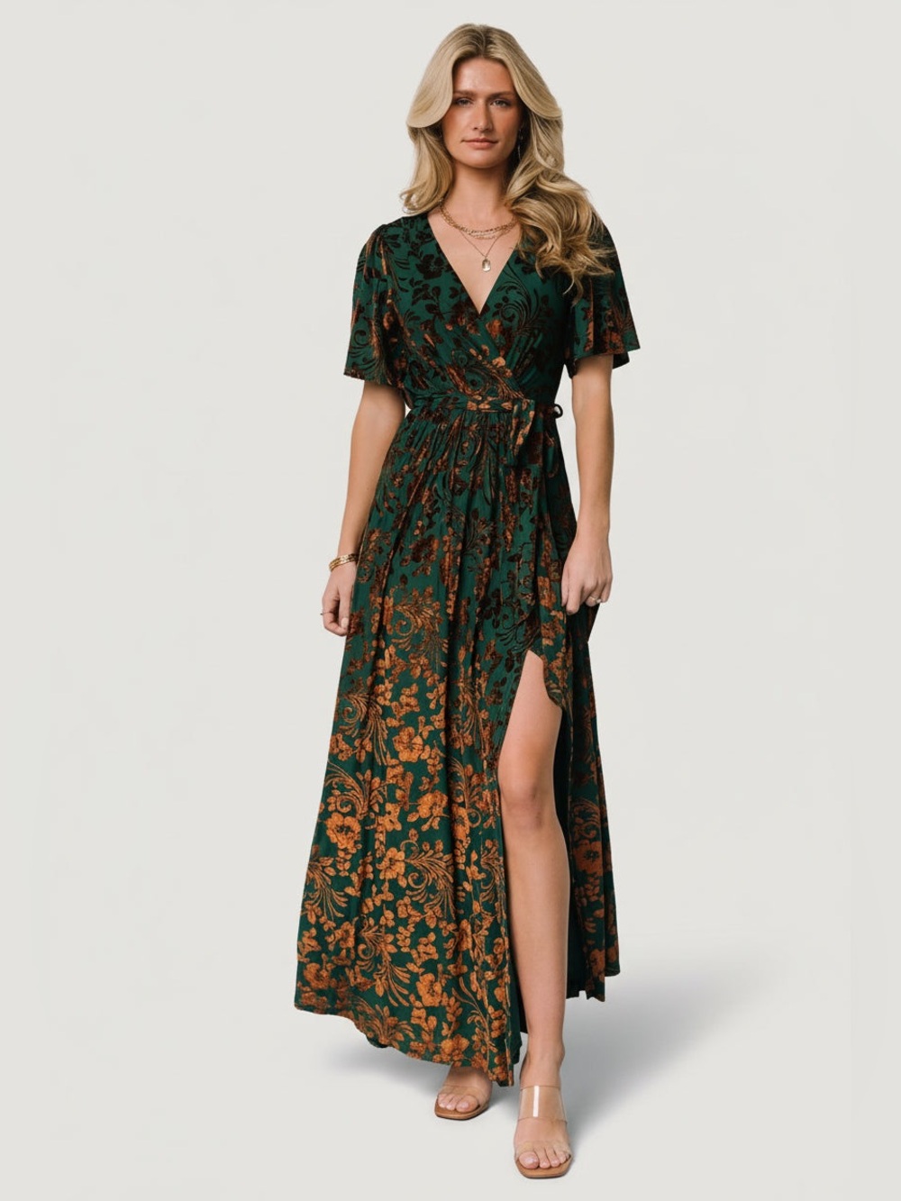 Baltic Born Uma Velvet Maxi Dress Jade Green Bronze Floral XL fall wedding guest - Picture 4 of 16